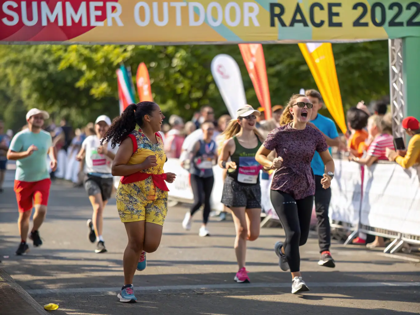 A vibrant photograph capturing the start of the LA BOUCLE DRUELLOISE annual running event, with participants of all ages eagerly awaiting the signal, set against the backdrop of the Druelle landscape.