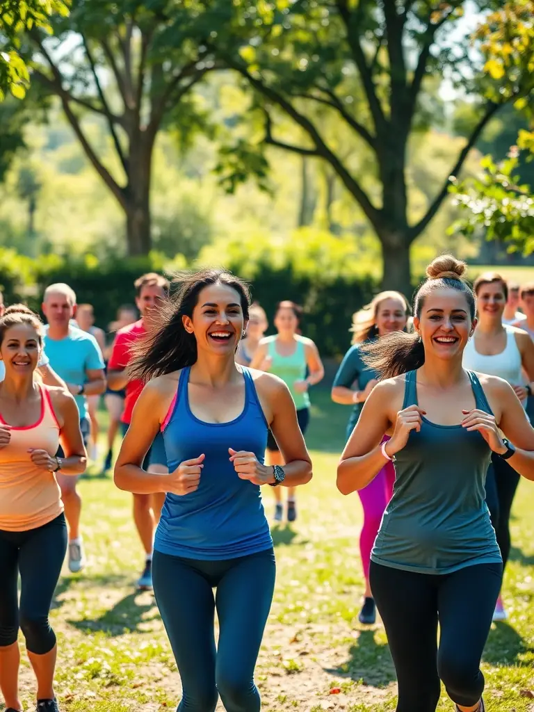 A photograph capturing a group of diverse participants warming up before a running event organized by La Boucle Druelloise, showcasing community spirit and inclusivity.