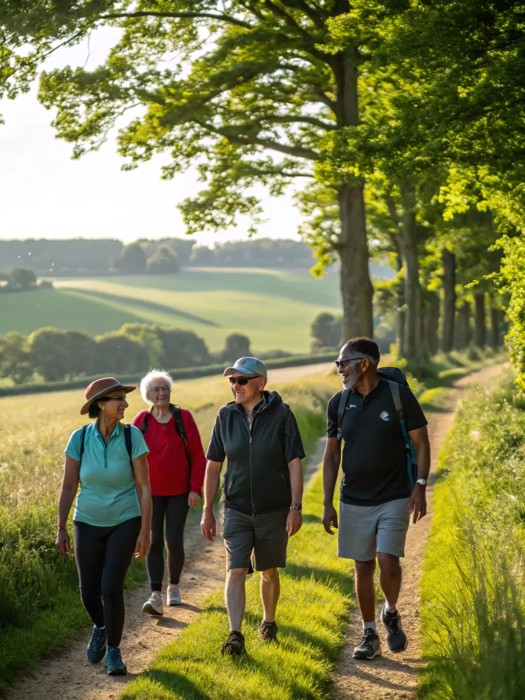 A dynamic image of participants of all ages engaging in a guided walking tour through the scenic routes of Druelle, emphasizing the beauty of the local landscape.
